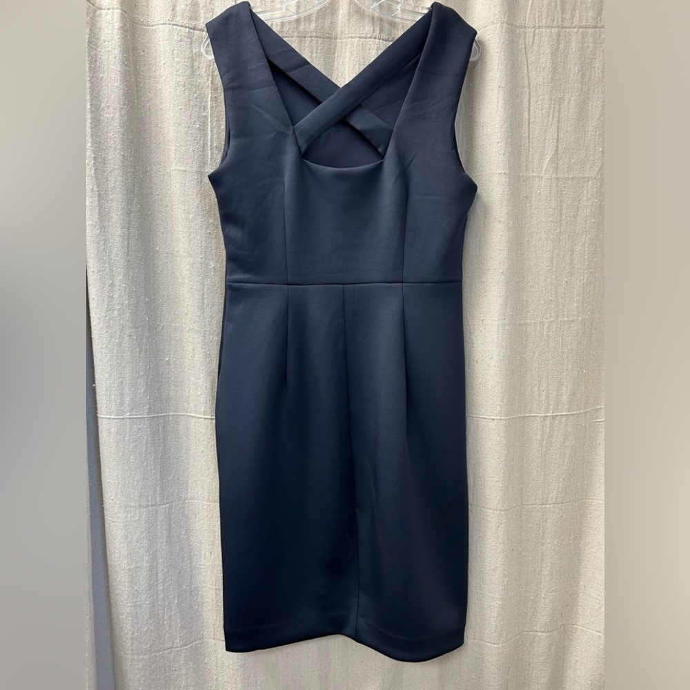 TAHARI /NAVY BLUE SHEATH DRESS V-NECK/ CRISS CROSS BACK/ SIZE 10 - Picture 2 of 10